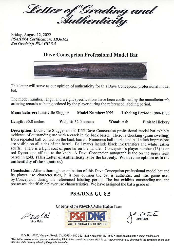 1980-1983 Dave Concepcion Cincinnati Reds Game-Used Bat PSA/DNA GU 8.5 & Full JSA LOA