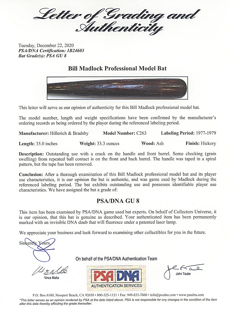 1977-1979 Bill Madlock San Francisco Giants/Pittsburgh Pirates Game-Used Bat PSA/DNA GU 8