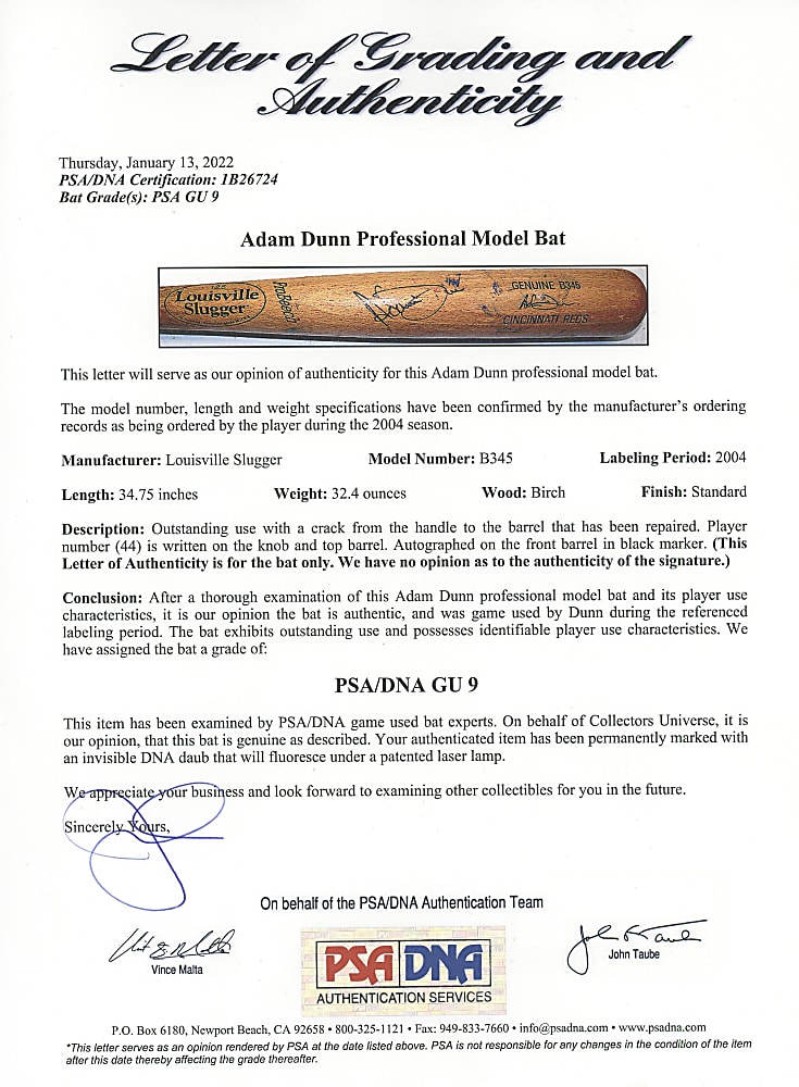 2004 Adam Dunn Cincinnati Reds Signed & Game-Used Bat PSA/DNA GU 9