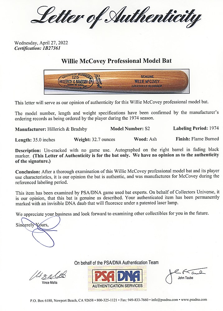 1974 Willie McCovey San Diego Padres Professional Model Bat - PSA/DNA