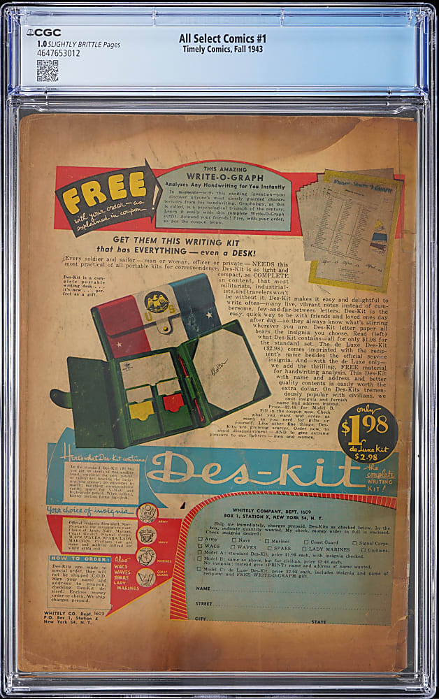 1943 Timely Comics All Select Comics #1 Classic Alex Schomburg Cover with Captain America, Human Torch & Sub-Mariner - CGC 1.0