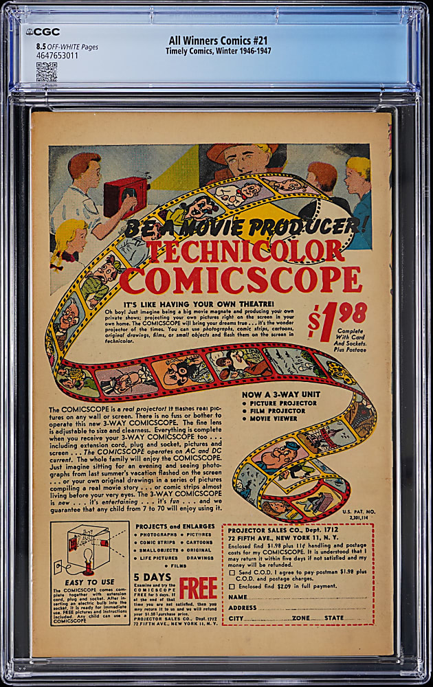 1946-1947 Timely Comics All Winners #21 Bondage Cover, Last Issue - CGC 8.5