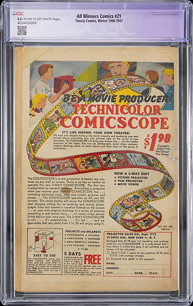 1946-1947 Timely Comics All Winners #21 Bondage Cover, Last Issue - CGC 3.5 Restored