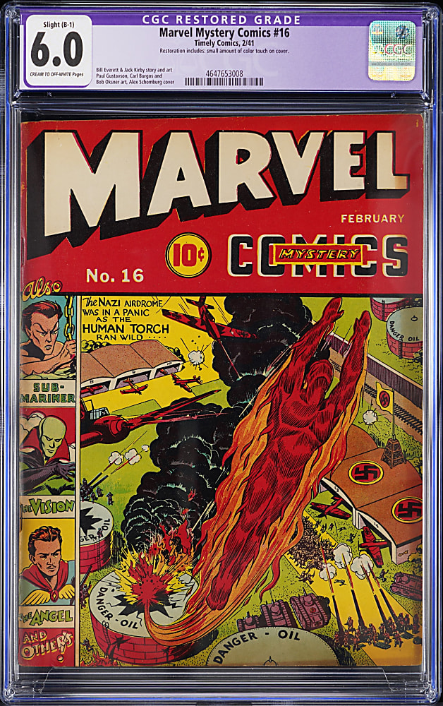 1941 Timely Comics Marvel Mystery Comics #16 with Schomburg Cover, Kirby Art and Vision Appearance- CGC 6.0 Restored