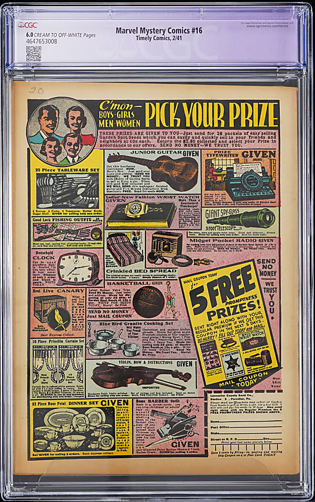 1941 Timely Comics Marvel Mystery Comics #16 with Schomburg Cover, Kirby Art and Vision Appearance- CGC 6.0 Restored