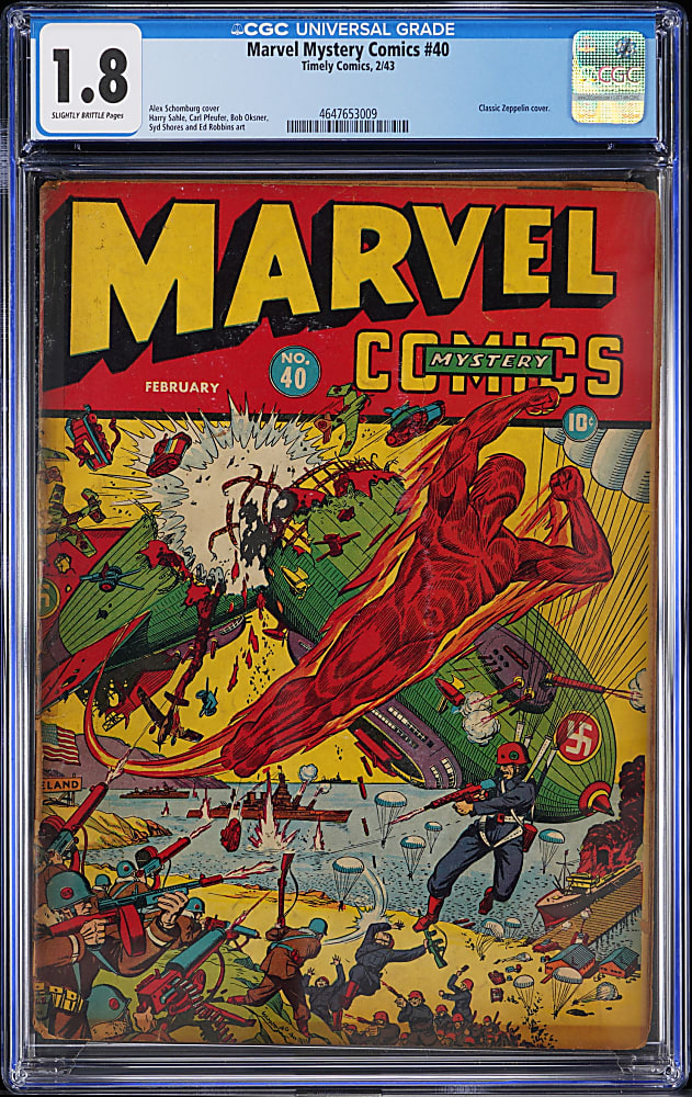 1943 Timely Comics Marvel Mystery Comics #40 Classic Zeppelin Cover - CGC 1.8