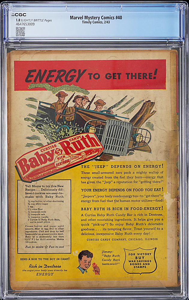 1943 Timely Comics Marvel Mystery Comics #40 Classic Zeppelin Cover - CGC 1.8