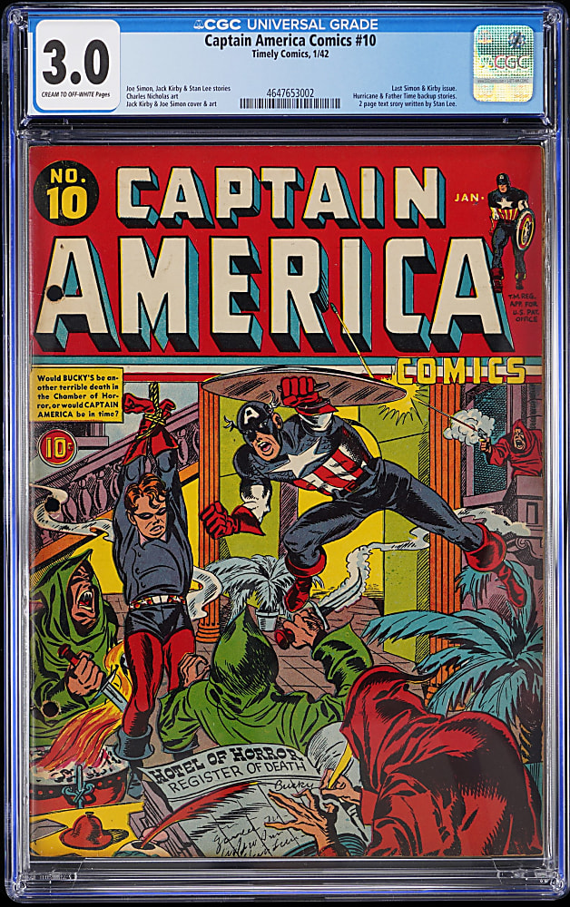 1942 Timely Comics Captain America Comics #10 Last Simon & Kirby Issue, Stan Lee Text Story - CGC 3.0
