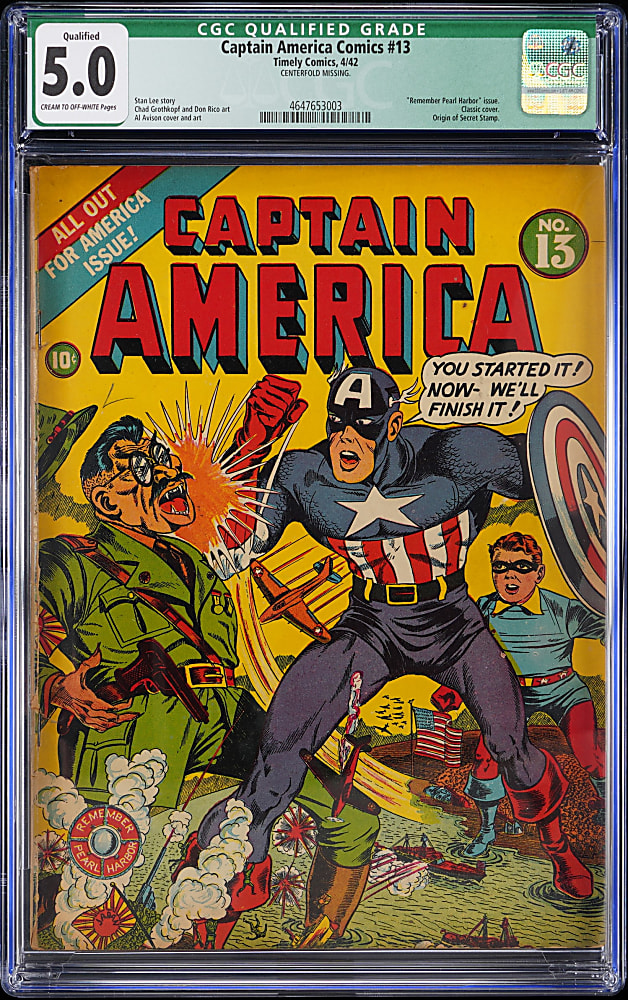 1942 Timely Comics Captain America Comics #13 Classic Cover, Remember Pearl Harbor Issue - CGC 5.0 Qualified