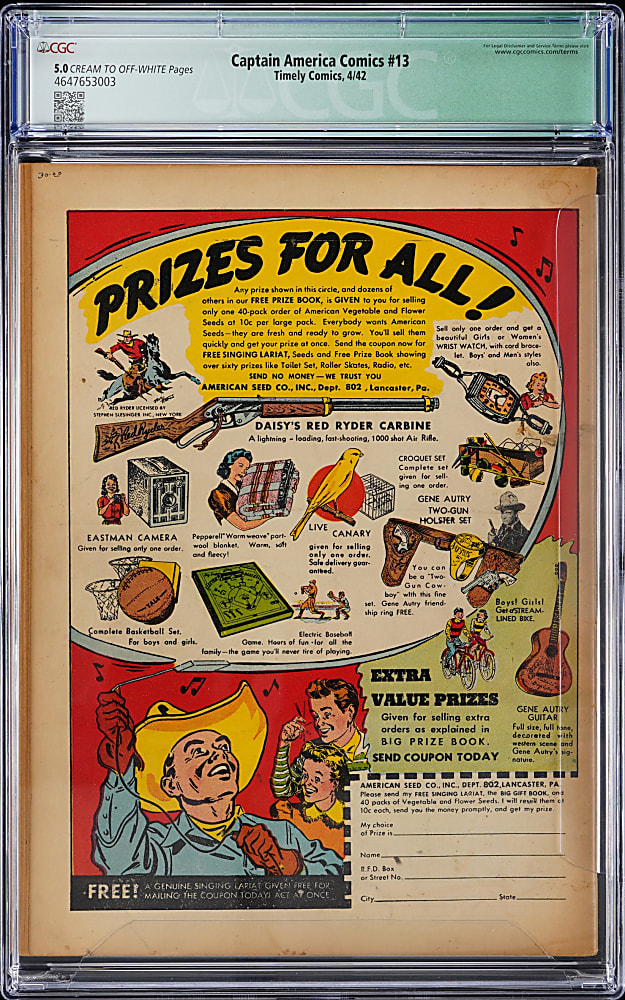 1942 Timely Comics Captain America Comics #13 Classic Cover, Remember Pearl Harbor Issue - CGC 5.0 Qualified