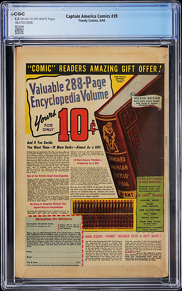 1944 Timely Comics Captain America Comics #39 - CGC 5.5