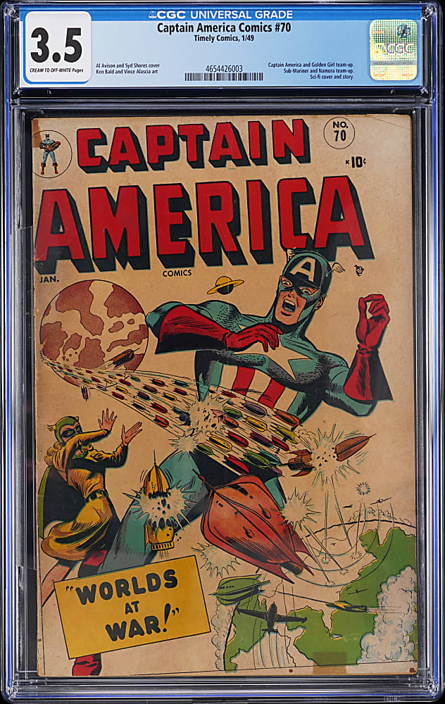 1949 Timely Comics Captain America Comics #70 Captain America & Golden Girl Team-Up, Sci-Fi Cover/Story - CGC 3.5