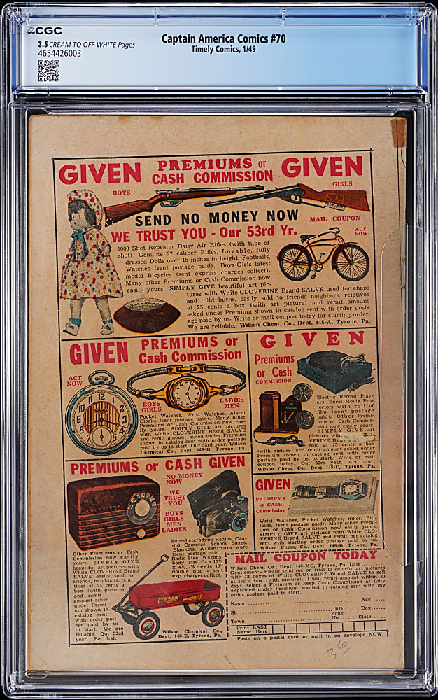 1949 Timely Comics Captain America Comics #70 Captain America & Golden Girl Team-Up, Sci-Fi Cover/Story - CGC 3.5