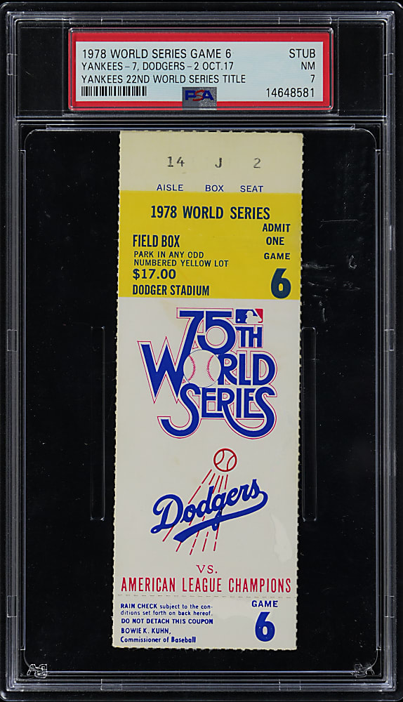 1978 World Series New York Yankees vs. Los Angeles Dodgers Game 6 Ticket Stub - PSA NM 7 - Yankees 22nd World Series Title!