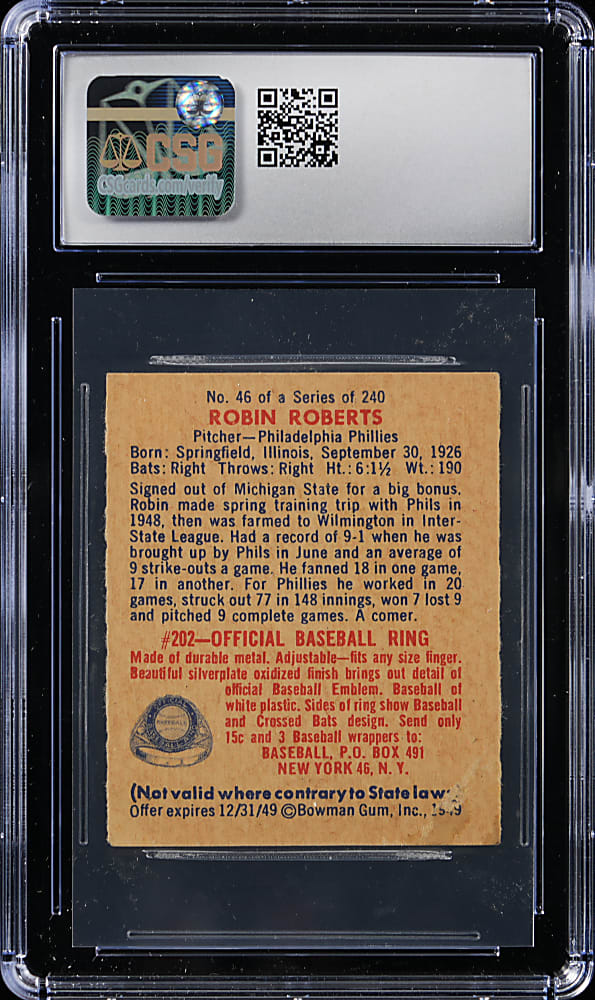 1949 Bowman #46 Robin Roberts Rookie CSG VG/EX 4