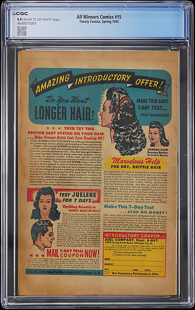 1945 Timely Comics All Winners #15 with Captain America & Sub-Mariner - CGC 4.0