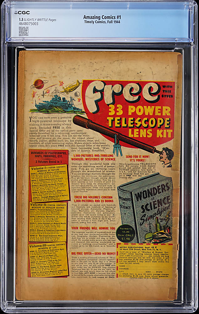 1944 Timely Comics Amazing Comics #1 Only Issue - CGC 1.5
