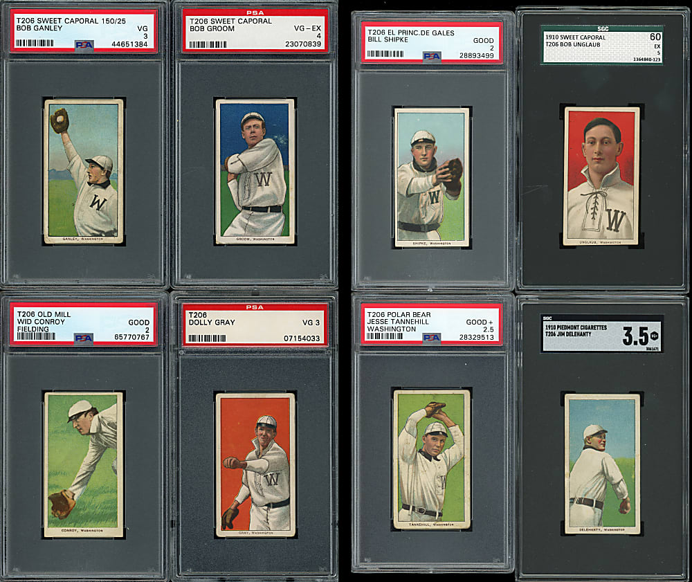 1909-1911 T206 White Border Washington Senators PSA & SGC Graded Collection (8) with Tougher Backs