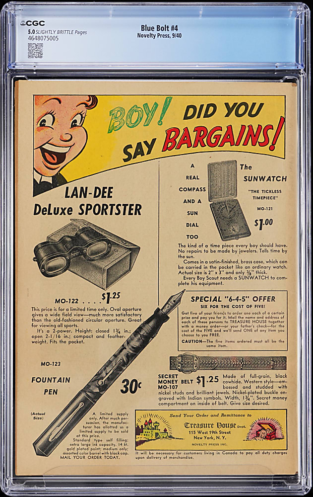 1940 Novelty Press Blue Bolt #4 - CGC 5.0
