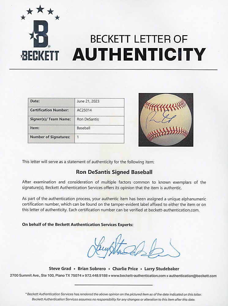 Ron DeSantis Single-Signed OML/Manfred Baseball with Full Beckett LOA