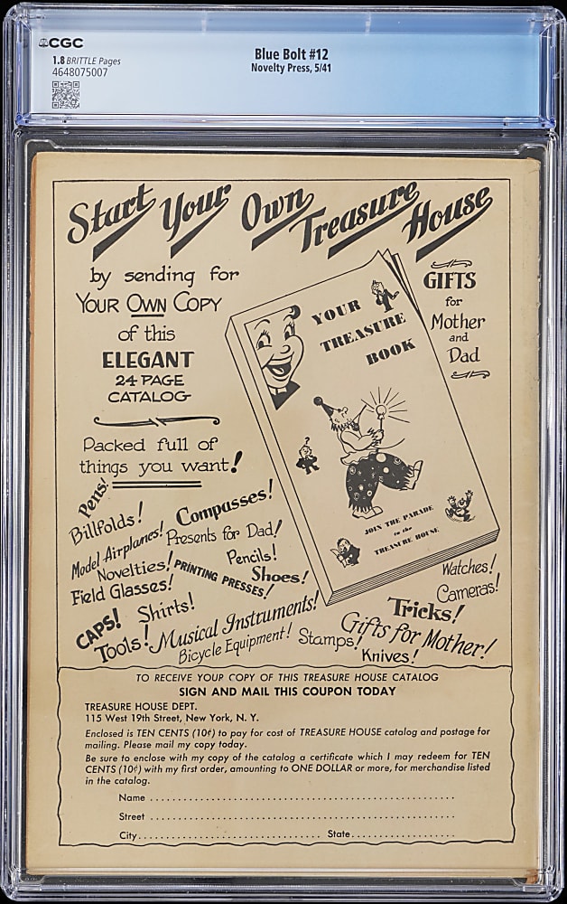 1941 Novelty Press Blue Bolt #12 - CGC 1.8