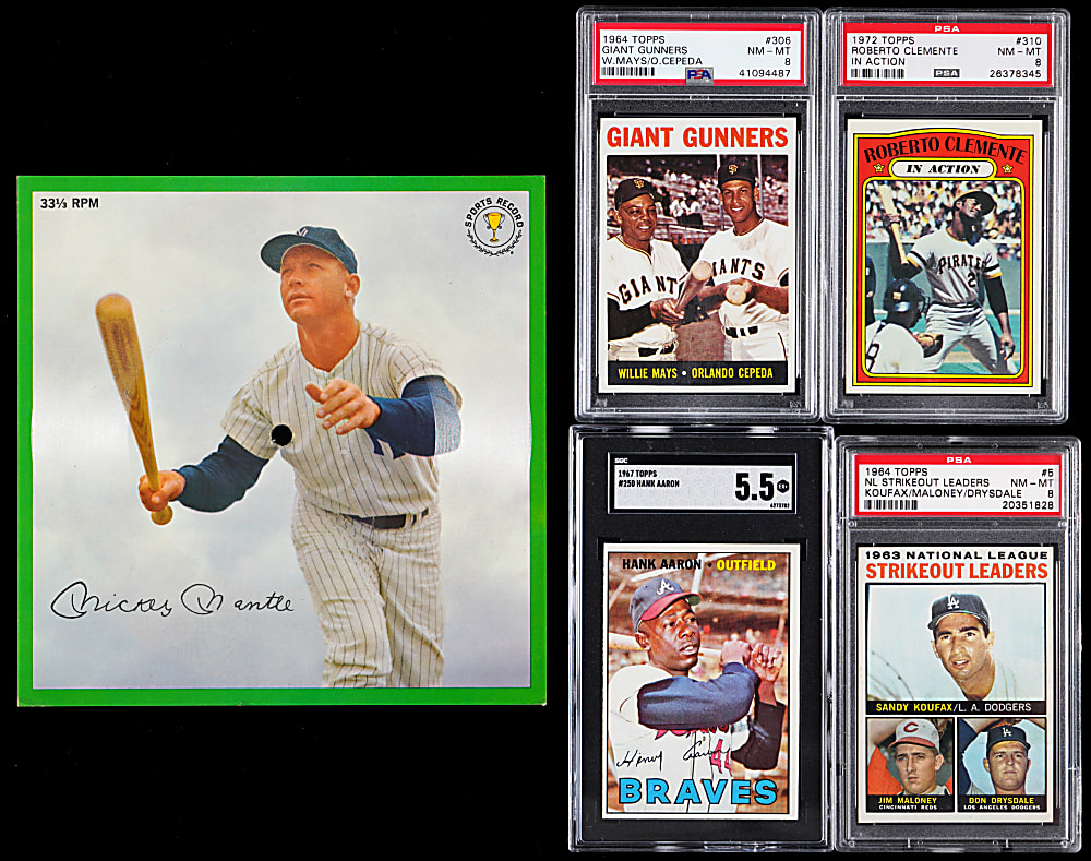 1964-1972 Hall of Fame PSA & SGC Graded Quartet with Aaron, Clemente, Koufax & Mays Plus 1964 Auravision Records Mantle