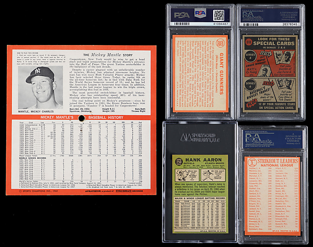 1964-1972 Hall of Fame PSA & SGC Graded Quartet with Aaron, Clemente, Koufax & Mays Plus 1964 Auravision Records Mantle