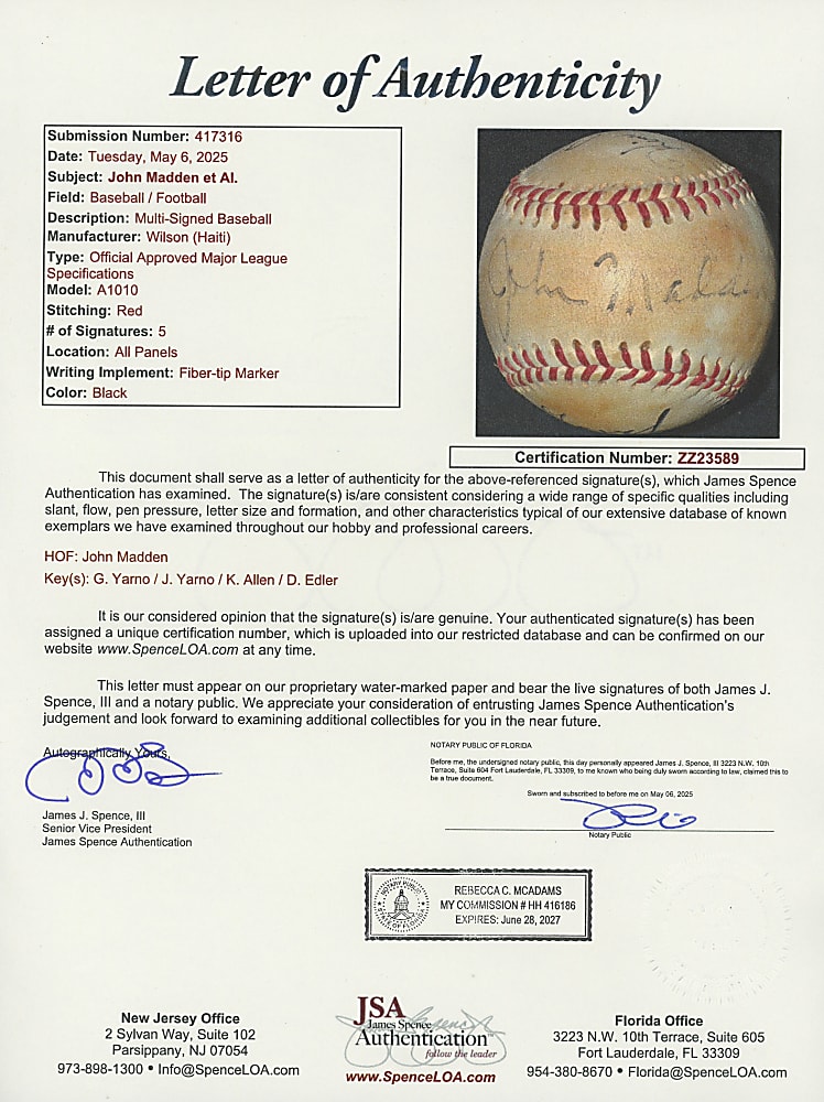 John Madden & Others Multi-Signed Baseball with Full JSA LOA