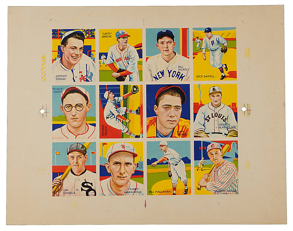 Extremely Rare 1934-1936 R327 Diamond Stars Printer's Proof Uncut 12-Card Sheet with (5) Hall of Famers Including Dickey, Grove & Frisch - Newly Discovered!