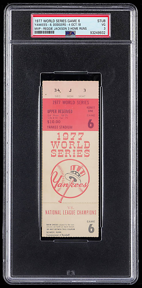 1977 World Series New York Yankees vs. Los Angeles Dodgers Game 6  Clincher Ticket Stub PSA VG 3 - Reggie Jackson 3 Home Runs!