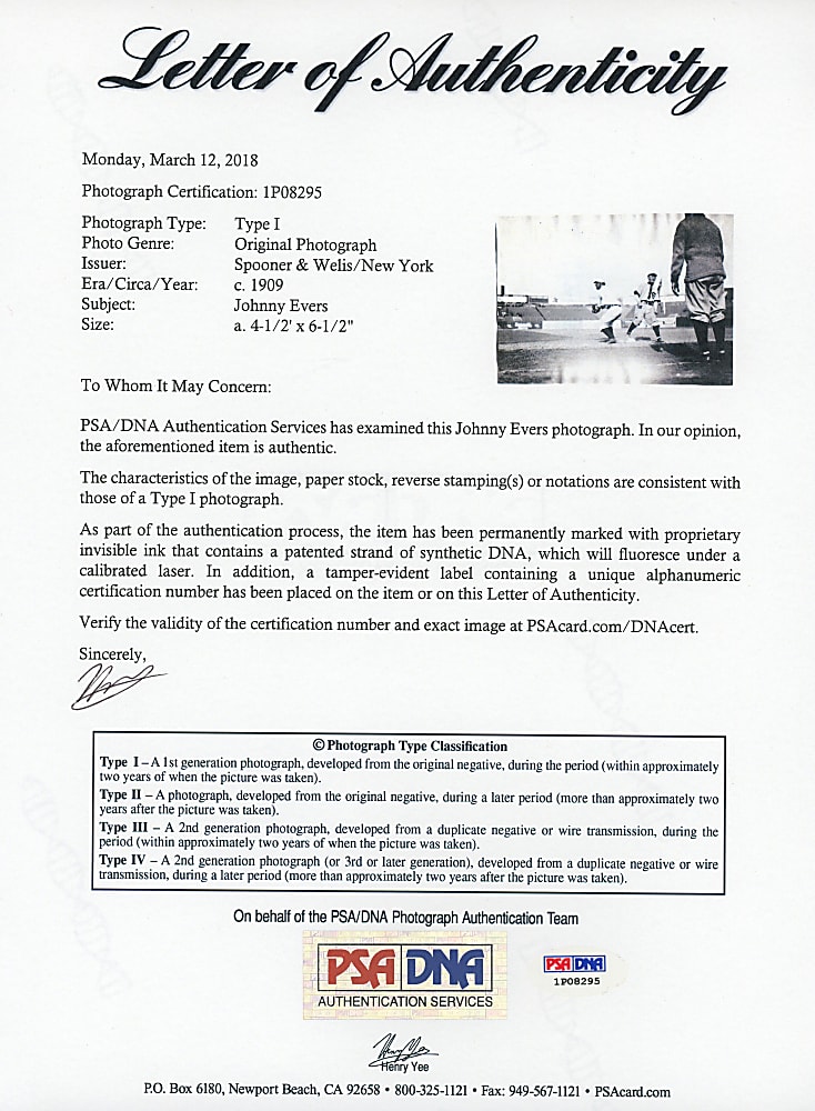 Circa 1909 Spooner & Welis (New York) Johnny Evers In-Action Type I Original Photograph with PSA/DNA LOA