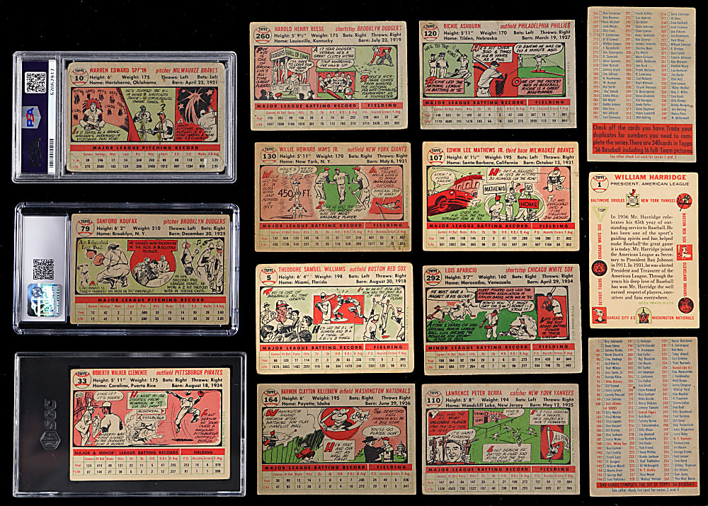 1956 Topps Partial Set (193/340) with Clemente, Koufax, Mays & Williams Plus (2) Unchecked Checklists