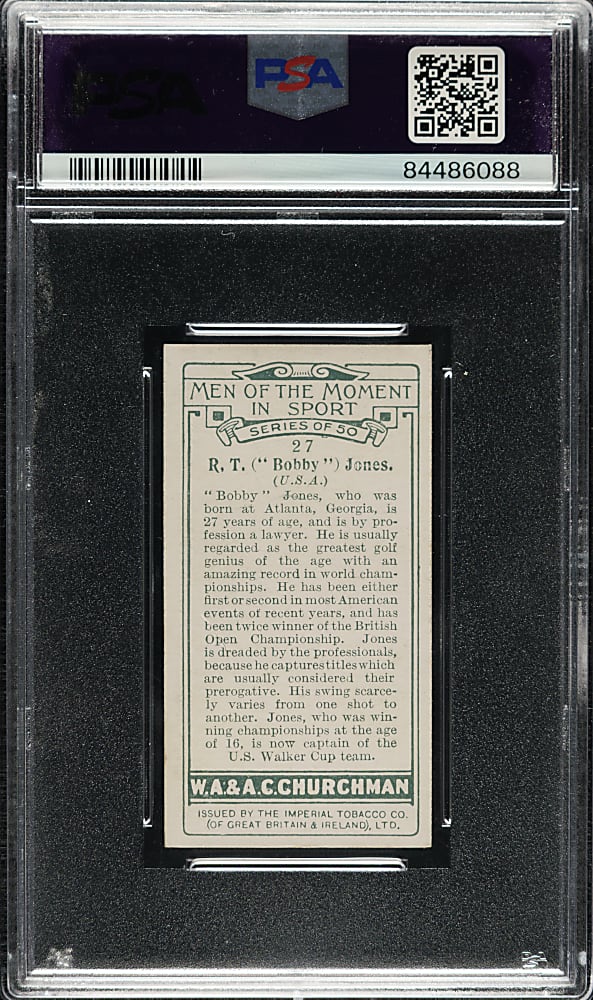 1928 Churchman's Cigarettes Men of the Moment in Sport (Small) #27 Bobby Jones PSA NM 7