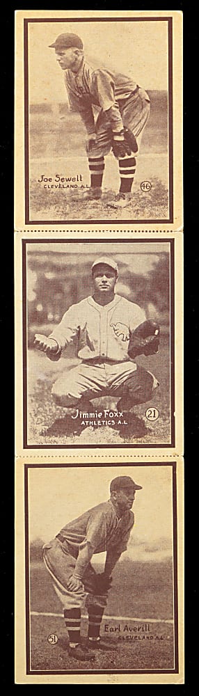 1931 W517 Uncut Three-Card Panel with #21 Jimmie Foxx, #46 Joe Sewell & #51 Earl Averill