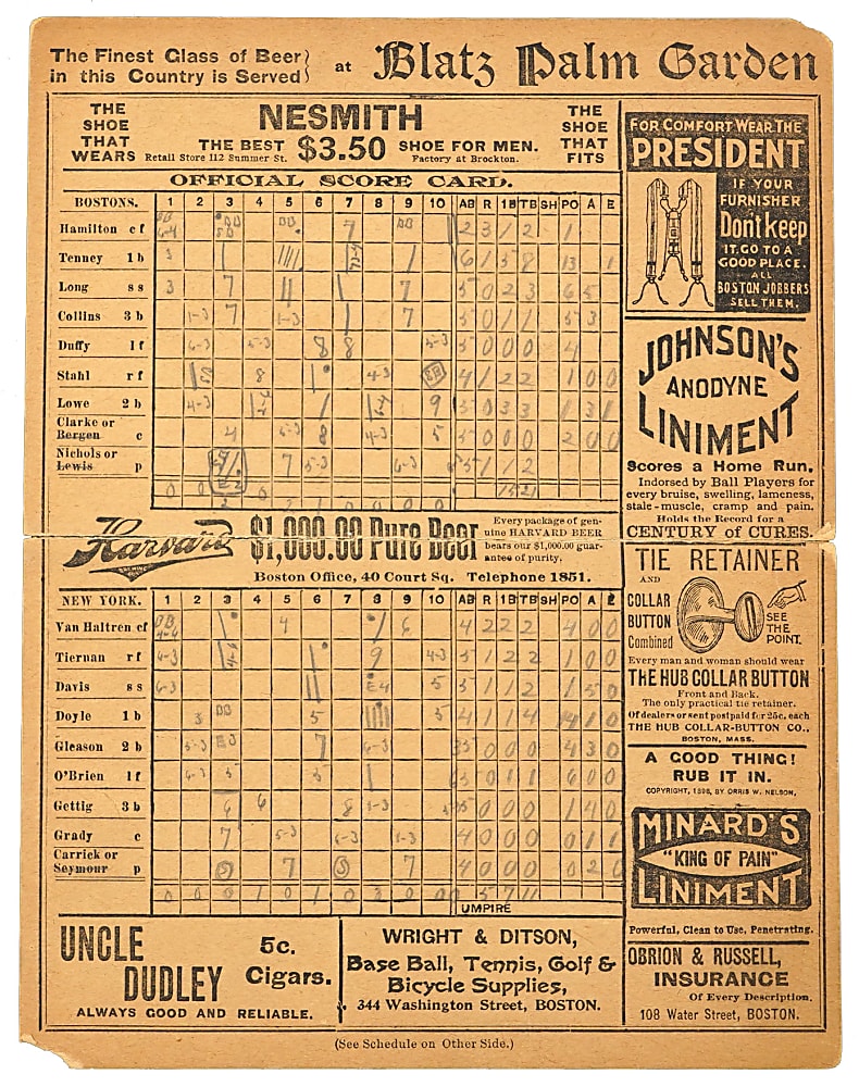 1899 Boston Beaneaters vs. New York Giants Scorecard with Collins, Duffy, Hamilton & Nichols (Winning Pitcher)