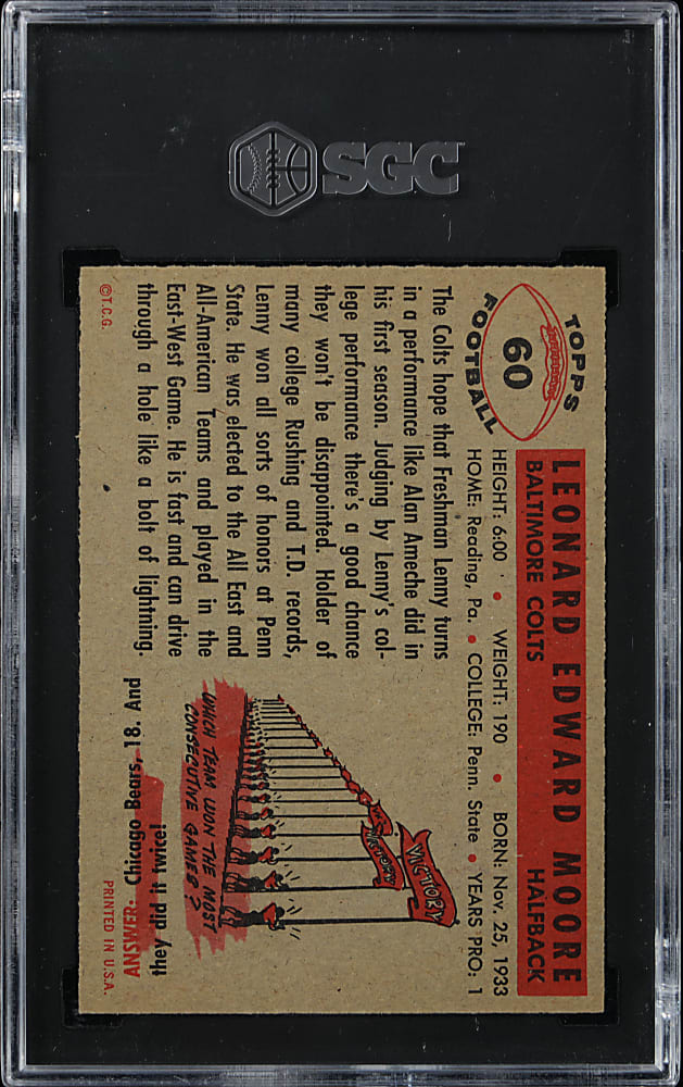 1956 Topps Football #60 Lenny Moore Rookie SGC NM+ 7.5