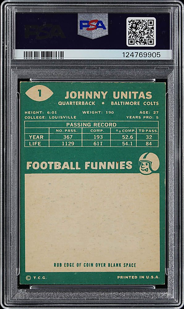 Signed 1960 Topps Football #1 Johnny Unitas PSA EX 5 with "8" Auto