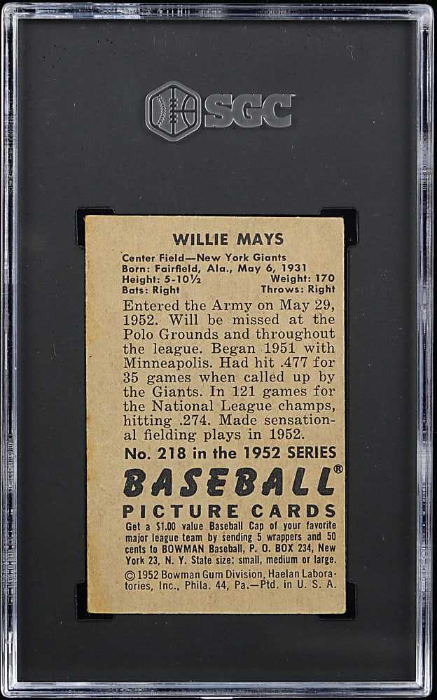 1952 Bowman #218 Willie Mays SGC Authentic