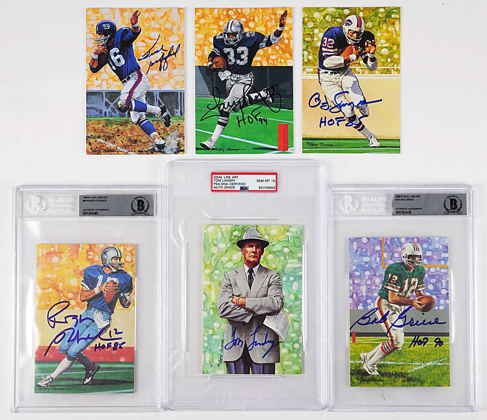 Signed Goal Line "Pro Football Hall of Fame Art Series" Collection (6) Including Landry PSA/DNA GEM MINT 10, Staubach, and Simpson - All Individually Certified!