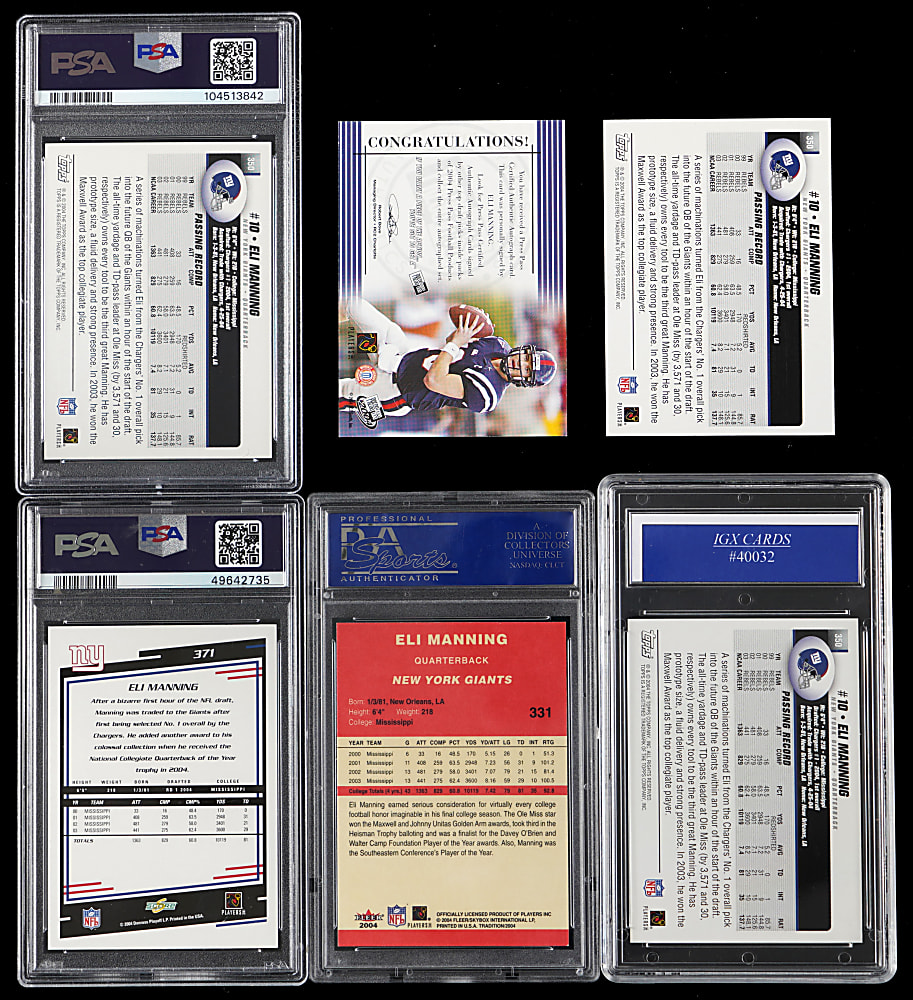 2004 Eli Manning Rookie Collection (6) with (2) PSA GEM MINT 10 Topps & Press Pass Autograph