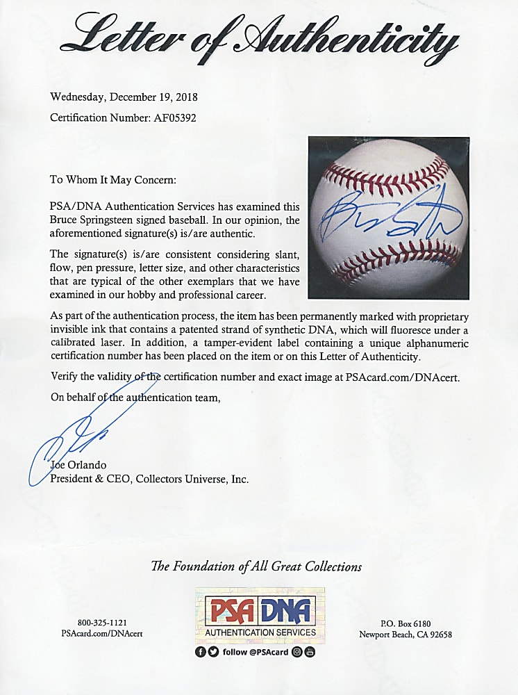 Bruce Springsteen Single-Signed OML/Manfred Baseball with Full PSA/DNA LOA