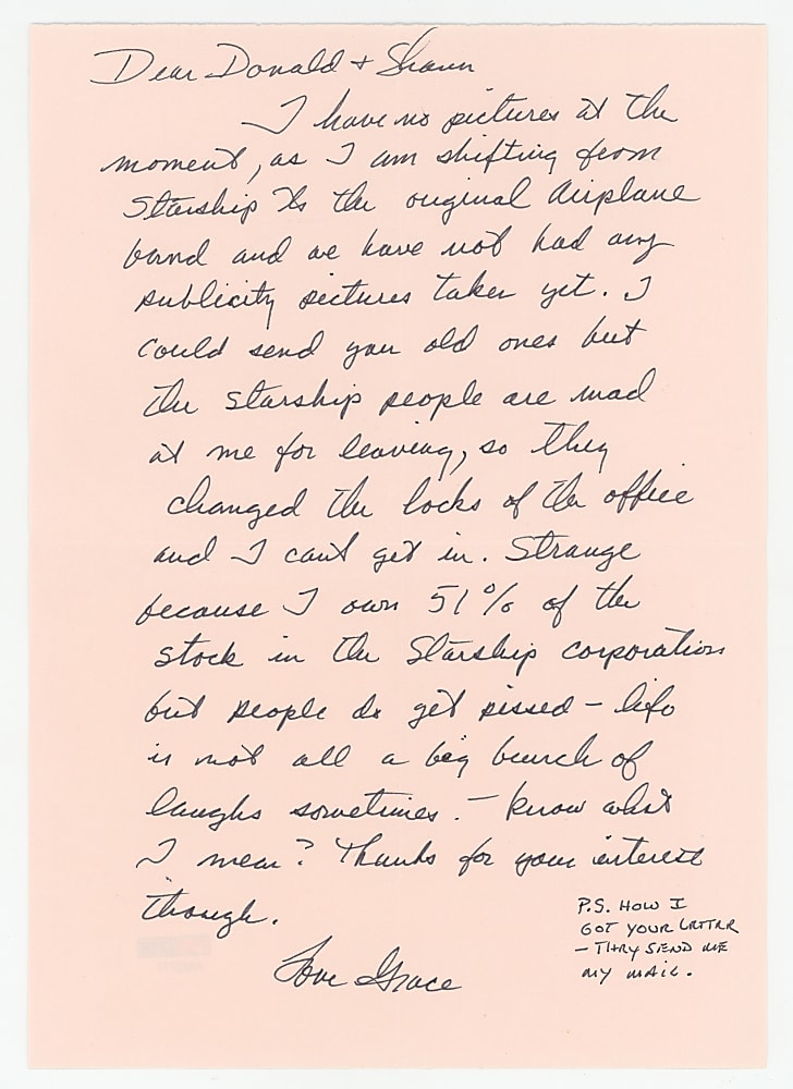 Grace Slick Signed Handwritten Letter to Fans with Signed Envelope - Both PSA/DNA