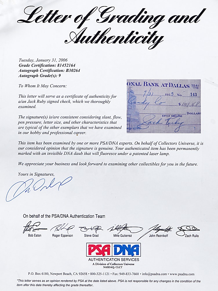Jack Ruby Signed & Framed Check Display - PSA/DNA Full LOA with "9" Auto Grade