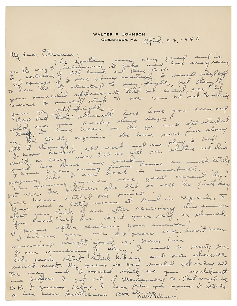 1940 Walter Johnson Handwritten Letter Signed with Original Mailing Envelope & Full PSA/DNA LOA