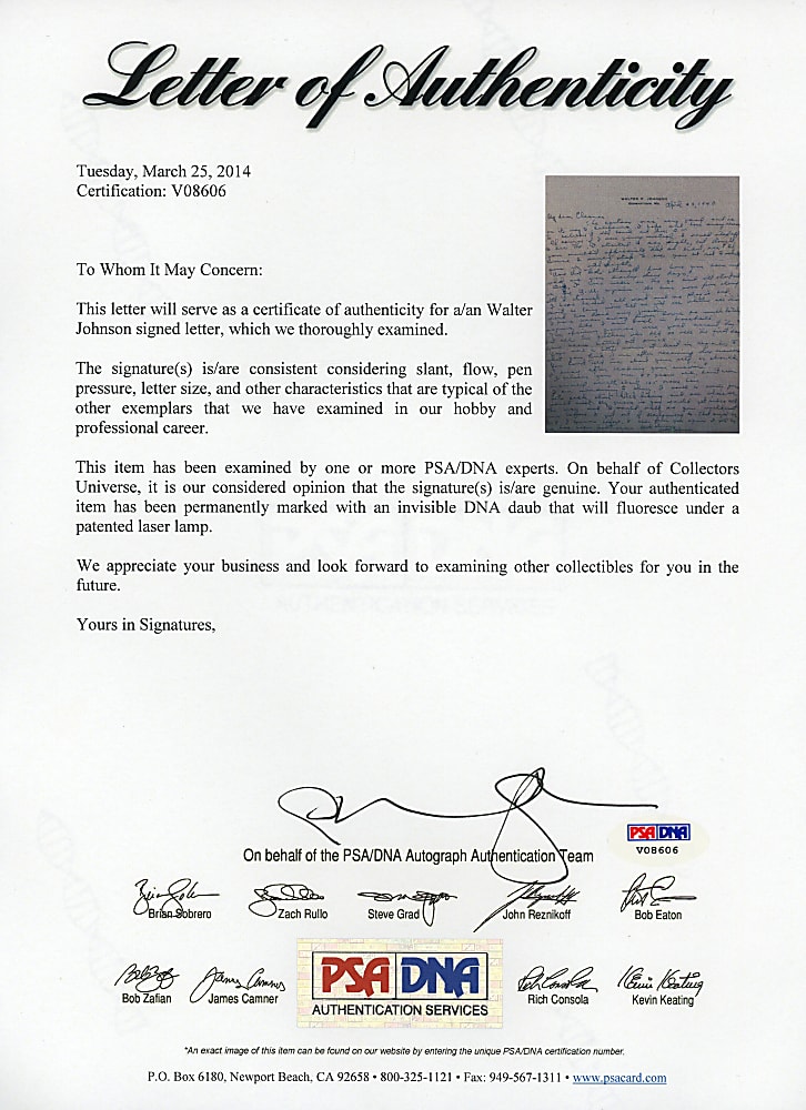 1940 Walter Johnson Handwritten Letter Signed with Original Mailing Envelope & Full PSA/DNA LOA