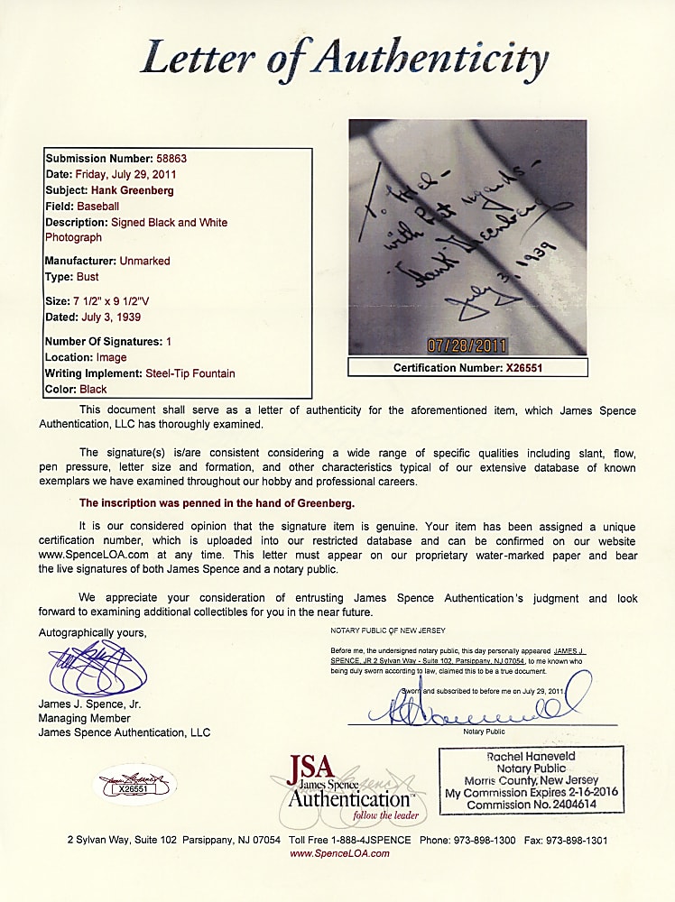 1939 Signed & Dated Hank Greenberg Photograph with Full JSA LOA