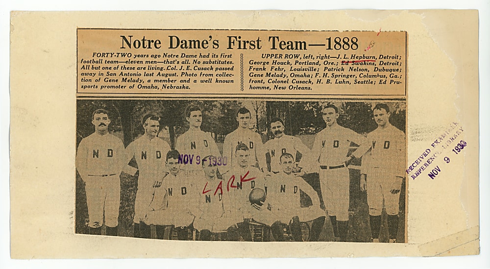 1930 Original News Service Photo of 1888 First Notre Dame Football Team