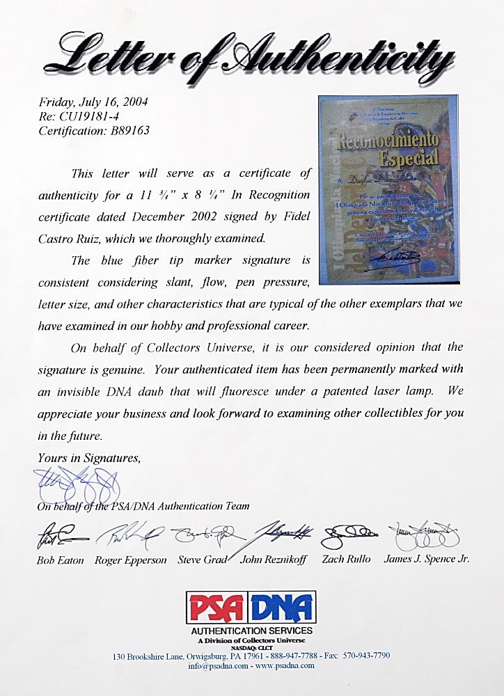 Fidel Castro Signed Recognition Certificate with Full PSA/DNA LOA Plus 1950s News Service Photograph