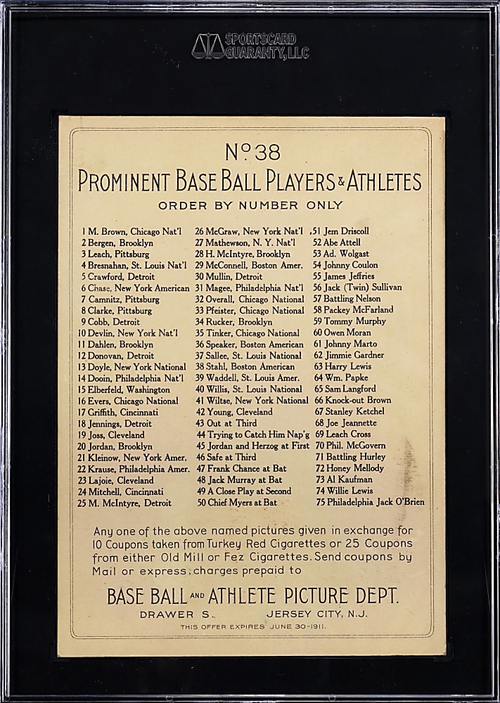 1910-1911 T3 Turkey Red #38 Jake Stahl Checklist Back (Offer) SGC VG 3 - Clean!