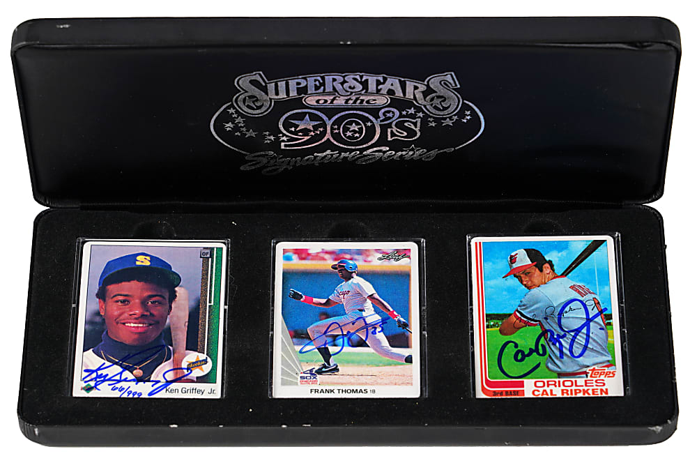 Ken Griffey Jr. (UDA), Cal Ripken Jr. & Frank Thomas Signed Porcelain Rookie Set in Display